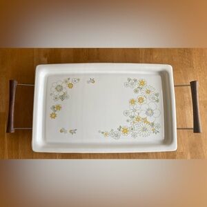 Vintage Corning ware tray with Floral Bouquet pattern and metal holder